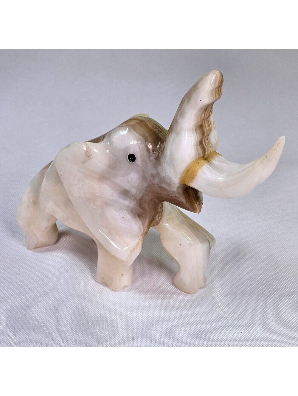 Vintage Hand Carved Banded Onyx Elephant Figurine Trunk Up Good Luck Stone 4.5"